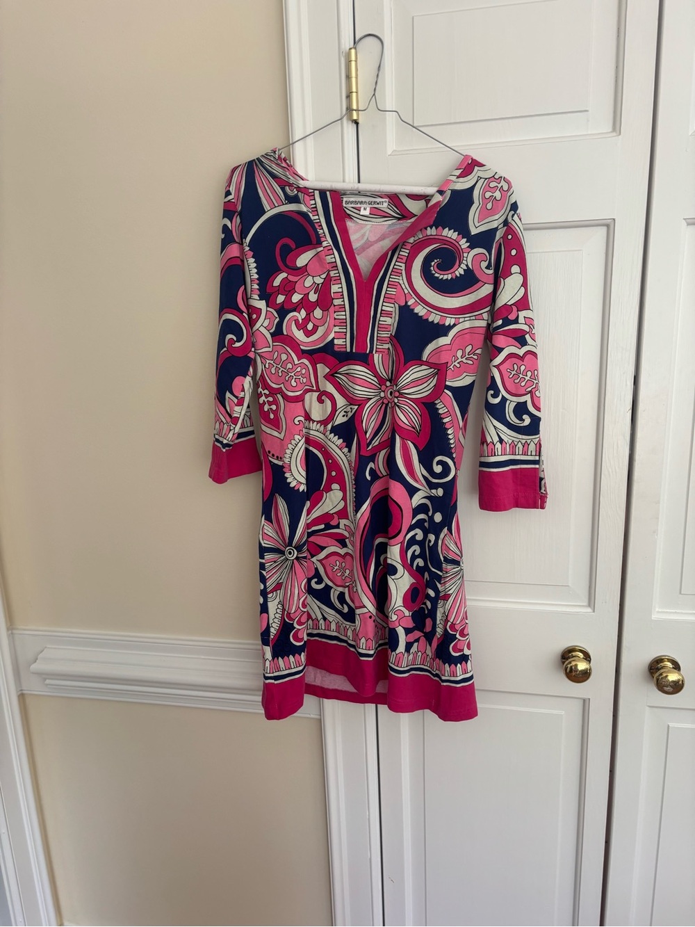Vivid Pink and Navy Long Sleeve Patterned Tunic Dress